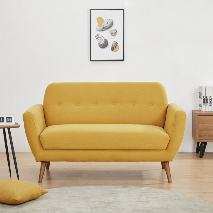 Oakland Loveseat Sofa: Mid-Century Modern Design, Soft Fabric Upholstery, Hand Tufting, Solid Wood Legs  Easy Assembly. Image 1