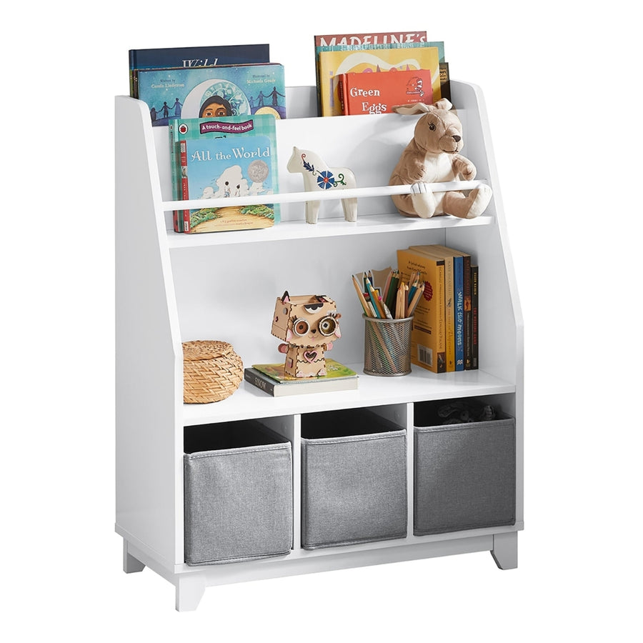 Haotian KMB34-W, Children Kids Bookcase with 3 Storage Baskets, Book Shelf Storage Display Rack Organizer Holder Image 1