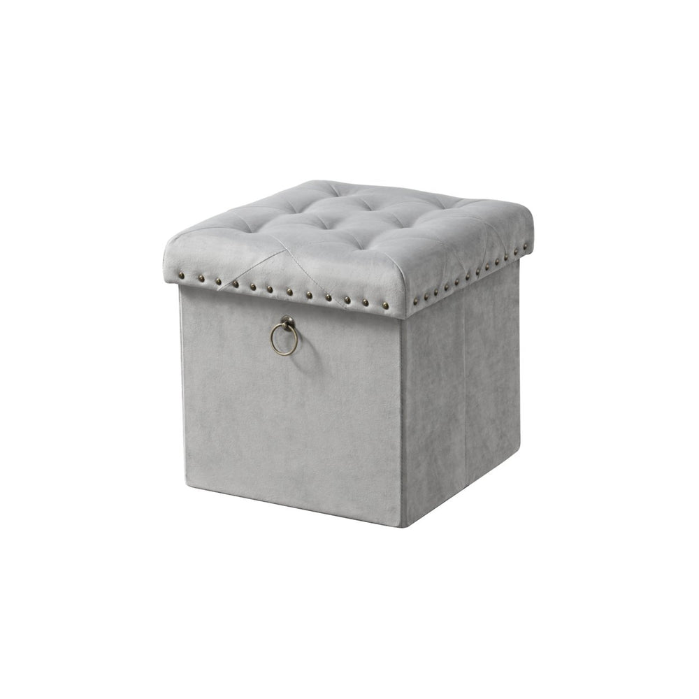 Lacey Storage Ottoman Velvet Upholstered Antique Brass Nailhead Trim And Ring Pull Tufted Removable Top With Discrete Image 2