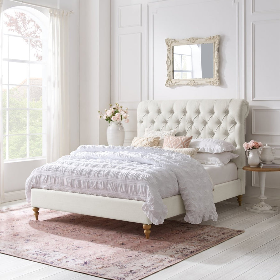 Kailynn Bed-Rolled Top Button Tufted-Nailhead Trim-Slats Included Image 1