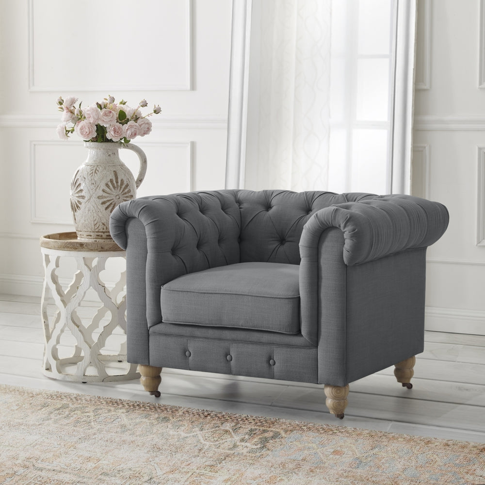 Kaleigh Club Chair-Button Tufted-Rolled Arm, Sinuous Springs-Round Bun Leg with Caster, Removable Seat Cushion Cover Image 2