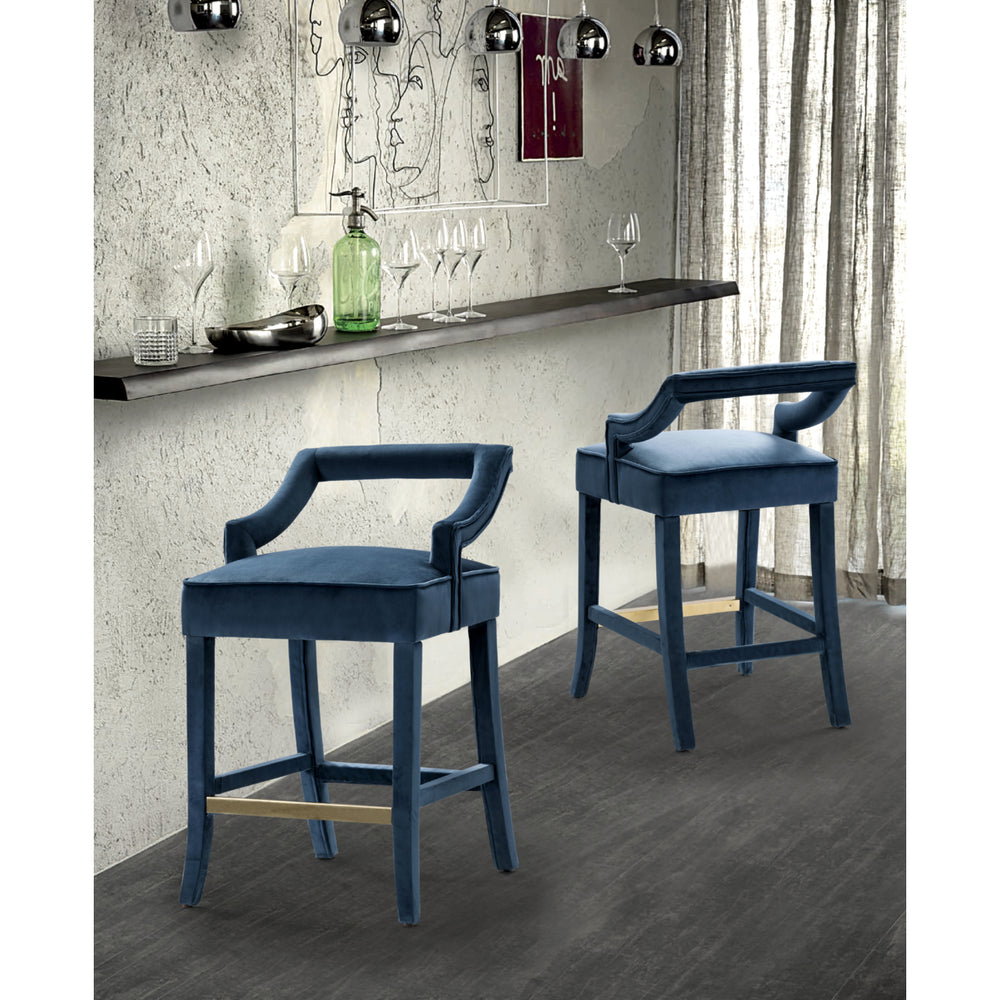 Iconic Home Catalina Counter Stool Chair Velvet Upholstered Half Back Design Gold Tone Footrest Bar Wood Frame, Modern Image 2