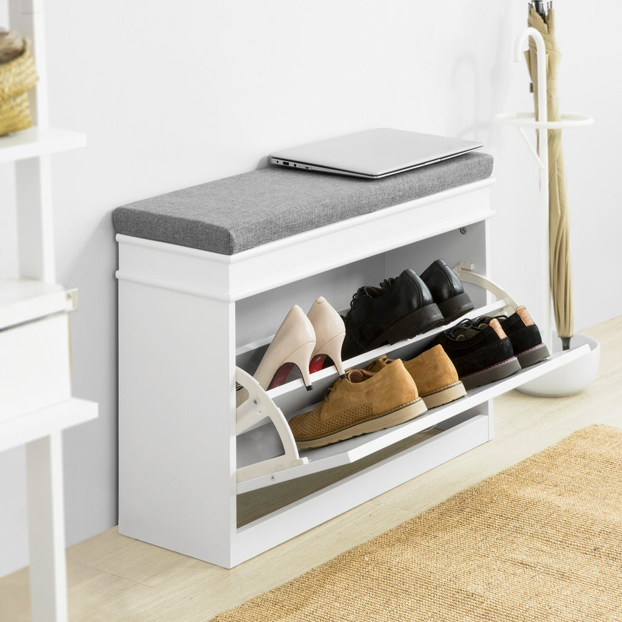 Haotian FSR82-L-W, Hallway Shoe Bench Shoe Rack Shoe Cabinet with Flip-Drawer and Seat Cushion, Engineered Wood, White Image 1