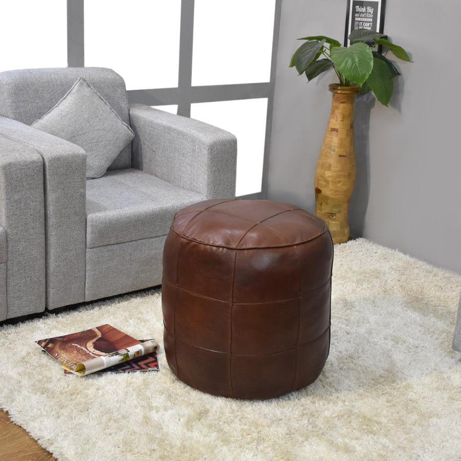 BBH Homes Handmade Brown Round Shaped Leather Pouf Ottomans 14x14x14 BBBACPF0028 Image 1