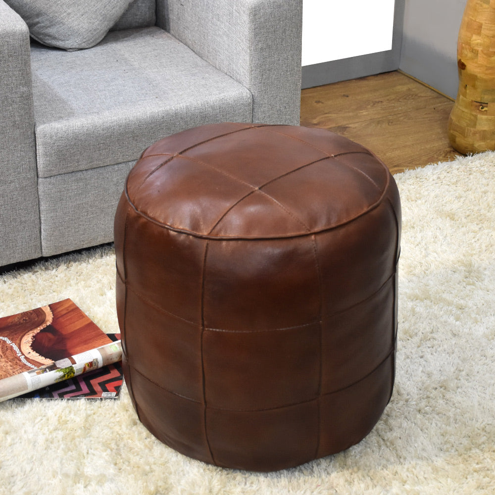 BBH Homes Handmade Brown Round Shaped Leather Pouf Ottomans 14x14x14 BBBACPF0028 Image 2