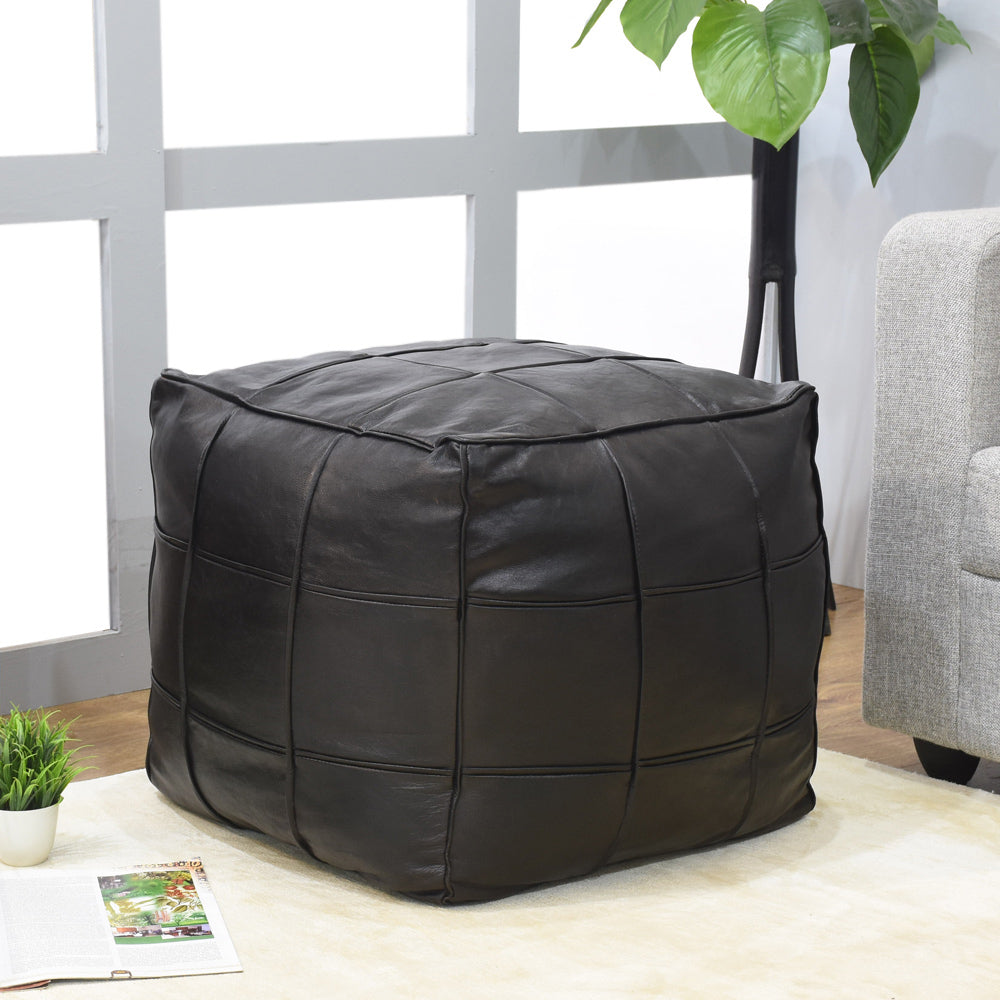 BBH Homes Handmade Black Square Shaped Leather Pouf Ottomans BBBACPF0022 Image 2