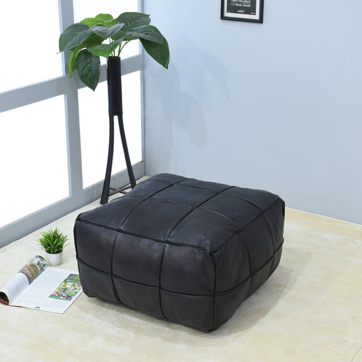 BBH Homes Handmade Black Square Shaped Leather Pouf Ottomans BBBACPF0022 Image 3