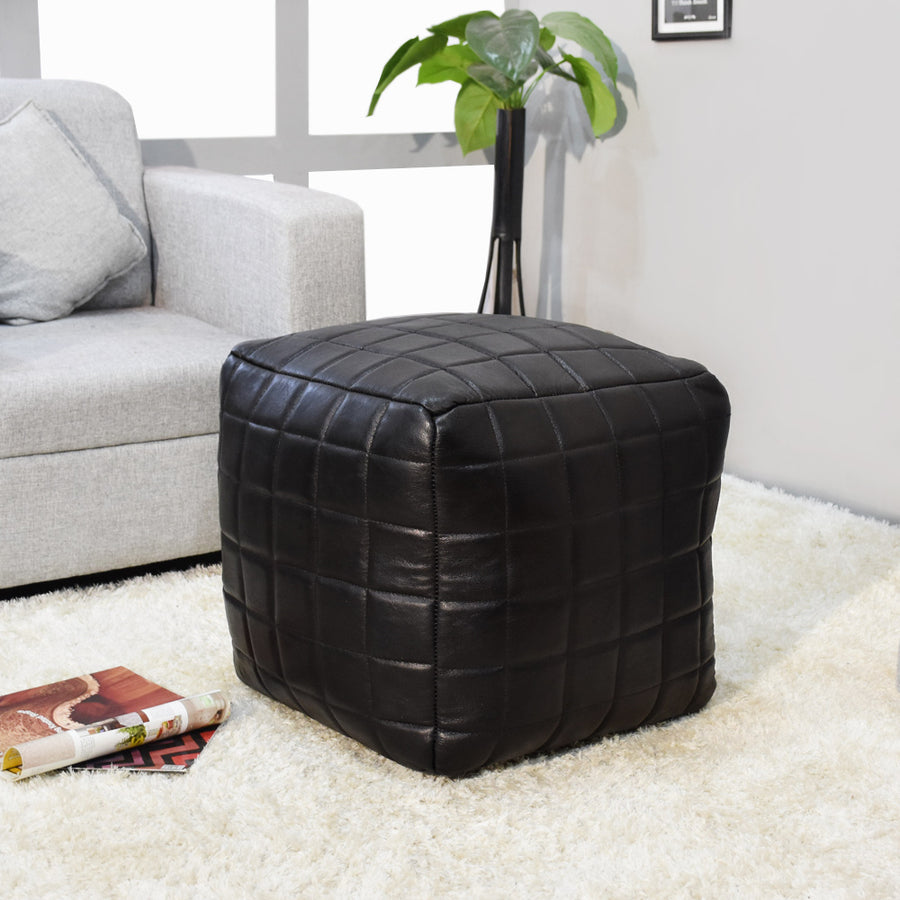 BBH Homes Handmade Black Square Shaped Leather Pouf Ottomans BBBACPF0023 Image 1