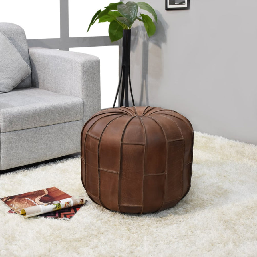 BBH Homes Handmade Brown Round Shaped Leather Pouf Ottomans BBBACPF0027 Image 1