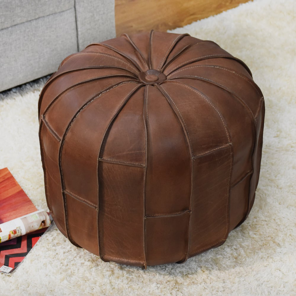 BBH Homes Handmade Brown Round Shaped Leather Pouf Ottomans BBBACPF0027 Image 2