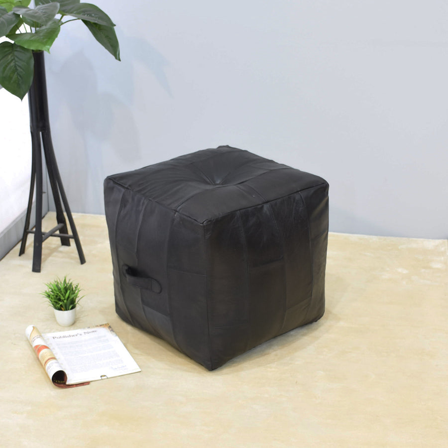 BBH Homes Handmade Black Square Shaped Leather Pouf Ottomans BBBACPF0025 Image 1