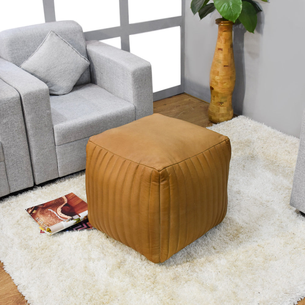 BBH Homes Handmade Beige Round Shaped Leather Pouf Ottomans BBBACPF0008 Image 3