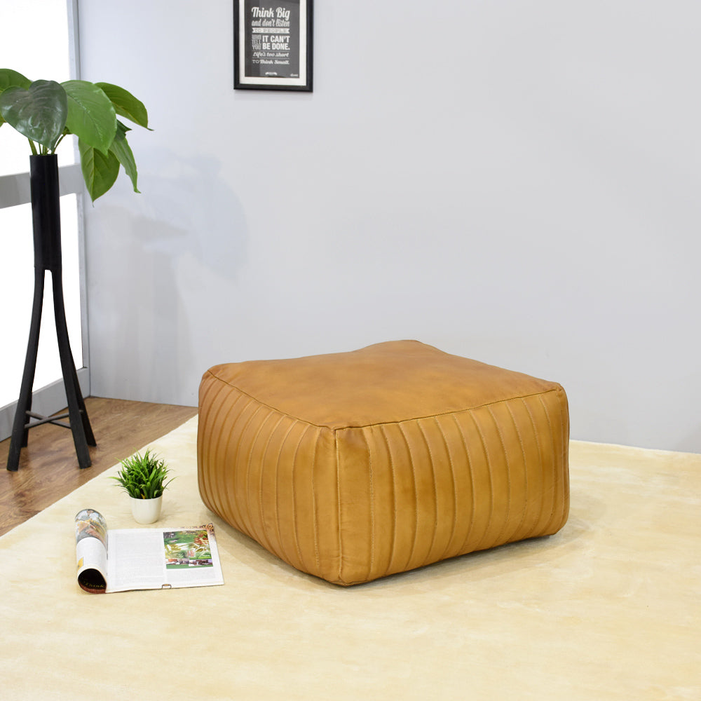 BBH Homes Handmade Beige Round Shaped Leather Pouf Ottomans BBBACPF0008 Image 5