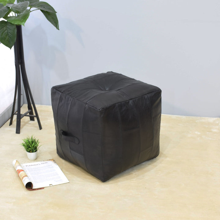 BBH Homes Handmade Black Square Shaped Leather Pouf Ottomans BBBACPF0025 Image 2