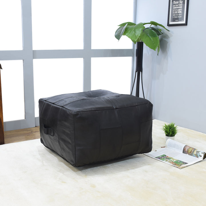 BBH Homes Handmade Black Square Shaped Leather Pouf Ottomans BBBACPF0025 Image 3