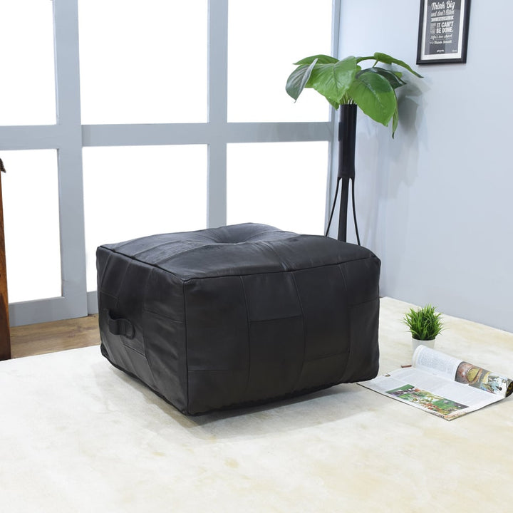 BBH Homes Handmade Black Square Shaped Leather Pouf Ottomans BBBACPF0025 Image 1