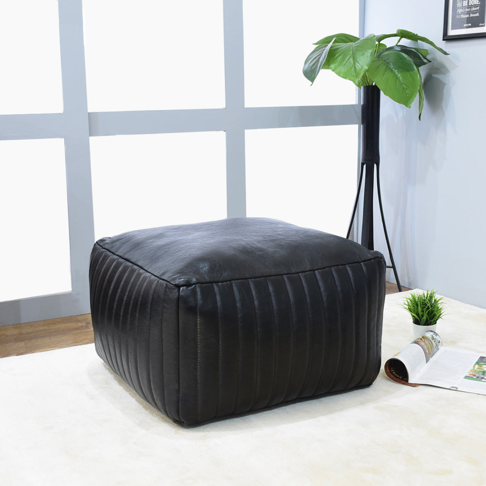 BBH Homes Handmade Beige Round Shaped Leather Pouf Ottomans BBBACPF0008 Image 7