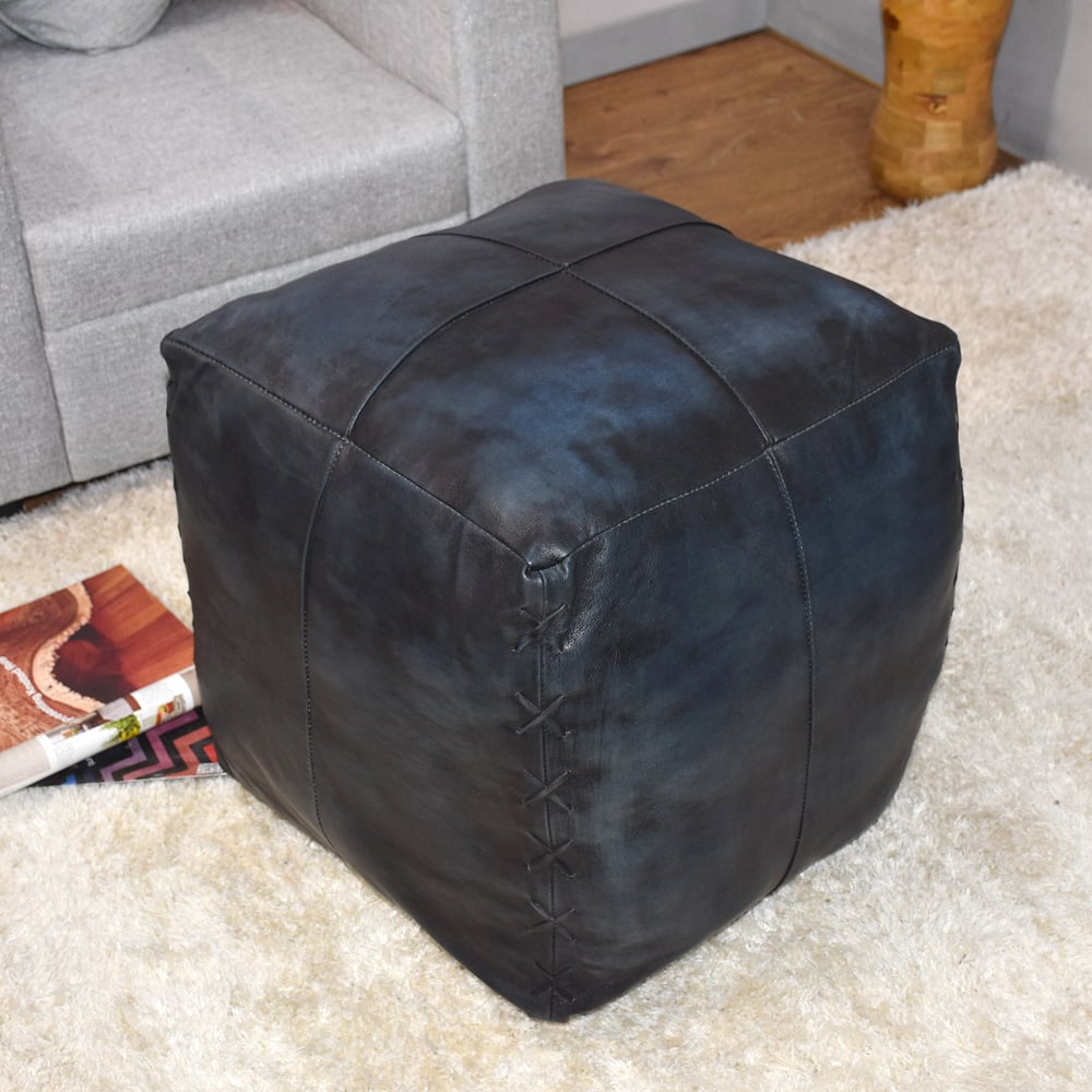 BBH Homes Handmade Vintage Blue Square Shaped Leather Pouf Ottomans BBBACPF0037 Image 2