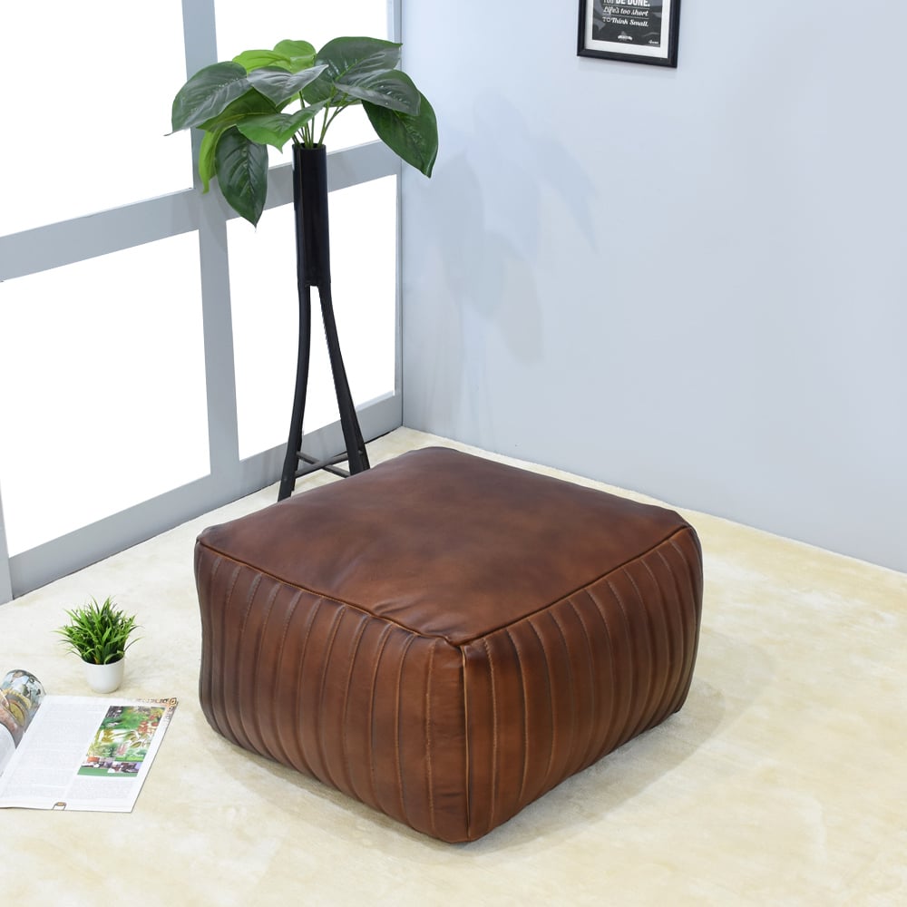 BBH Homes Handmade Beige Round Shaped Leather Pouf Ottomans BBBACPF0008 Image 1