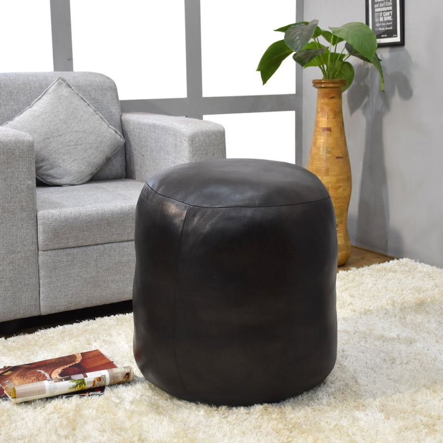 BBH Homes Handmade Black Round Shaped Leather Pouf Ottomans BBBACPF0012 Image 1
