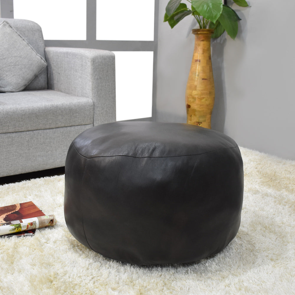 BBH Homes Handmade Black Round Shaped Leather Pouf Ottomans BBBACPF0012 Image 2