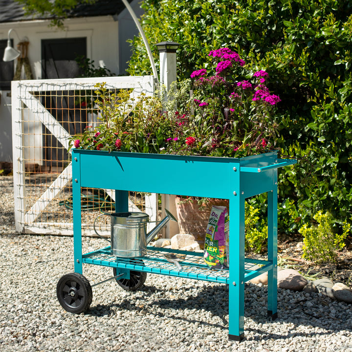 Sunnydaze 43 in Galvanized Steel Mobile Raised Garden Bed Cart - Blue Image 9