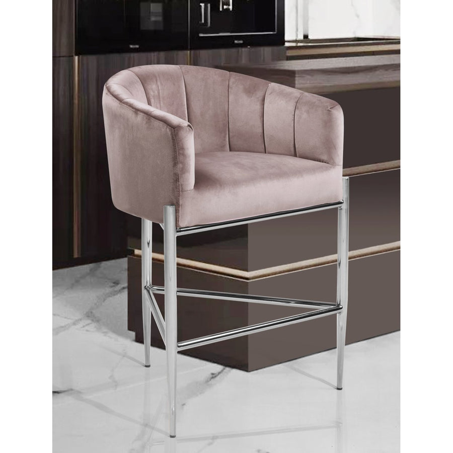 Iconic Home Ardee Counter Stool Chair Velvet Upholstered Shelter Arm Shell Design 3 Legged Chrome Tone Solid Metal Base Image 1