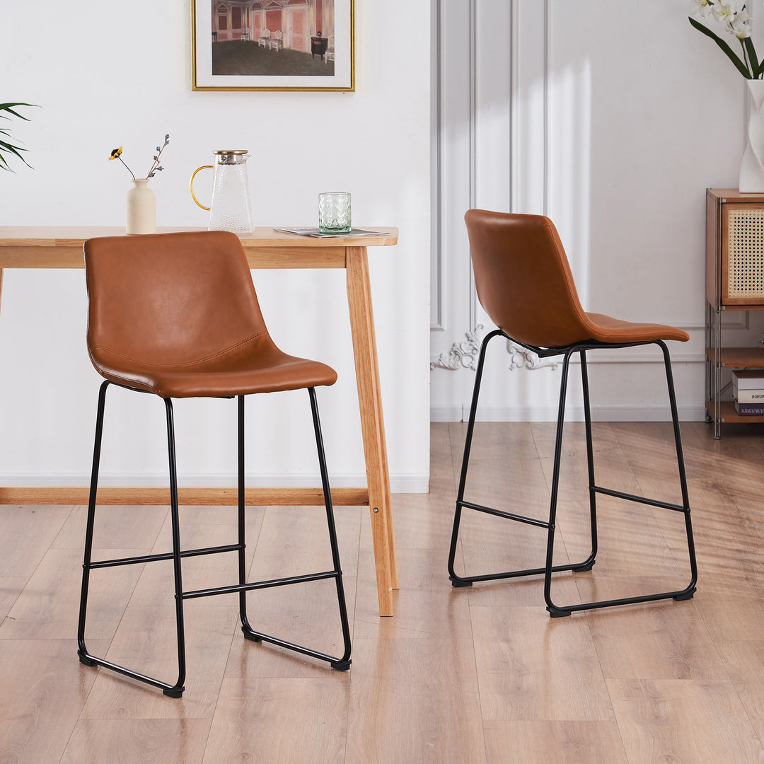 26" Modern Upholstered Faux Leather Barstools Counter Height Barstool Vintage Brown-Set of 2 Image 4