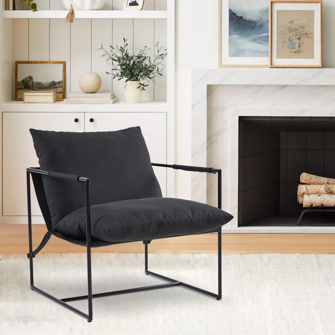 Modern Metal Frame Sling Back Accent Chair with Loose Cushions - Stylish Lounge Chair for Living Room Image 7