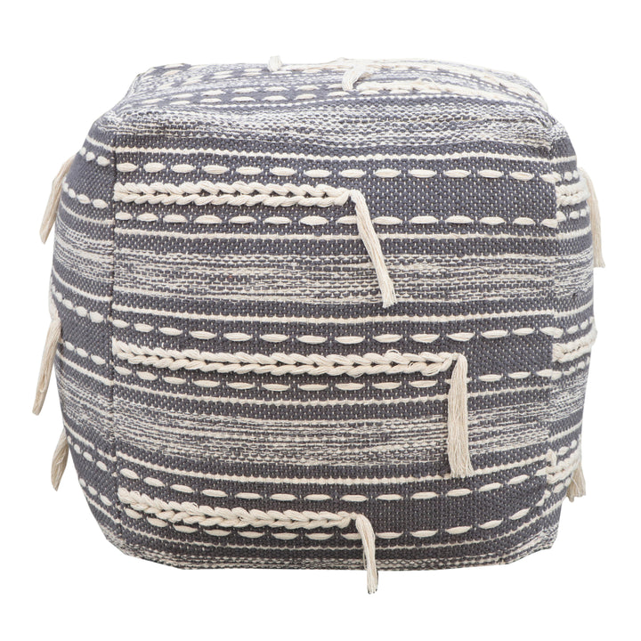 Iconic Home Spearman Ottoman Woven Cotton Upholstered Two-Tone Striped Pattern With Tassels Square Pouf Image 2