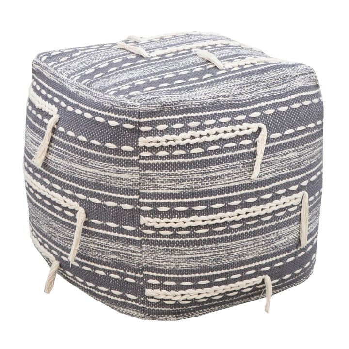 Iconic Home Spearman Ottoman Woven Cotton Upholstered Two-Tone Striped Pattern With Tassels Square Pouf Image 3