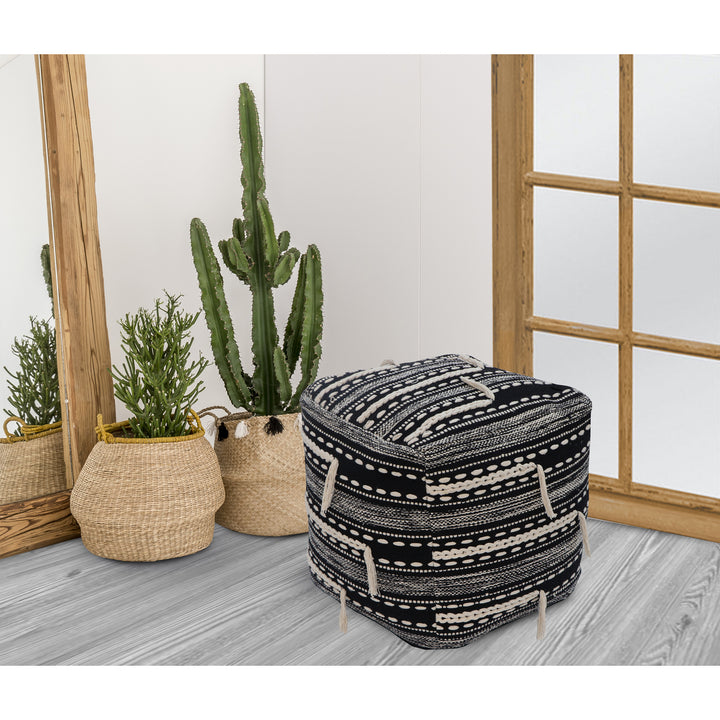 Iconic Home Spearman Ottoman Woven Cotton Upholstered Two-Tone Striped Pattern With Tassels Square Pouf Image 1