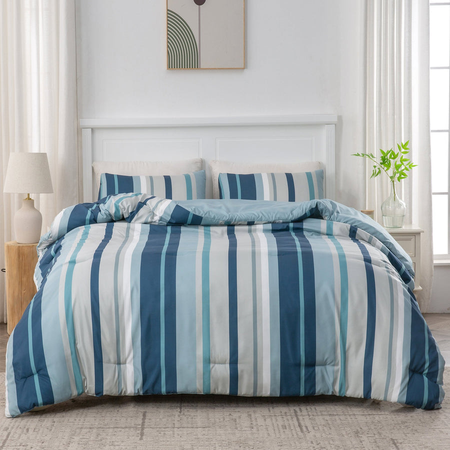 Printed Stripe Microfiber Comforter Set - All-Season Warmth, Blue Image 1