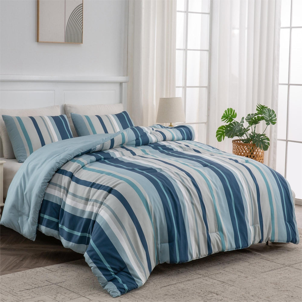 Printed Stripe Microfiber Comforter Set - All-Season Warmth, Blue Image 2