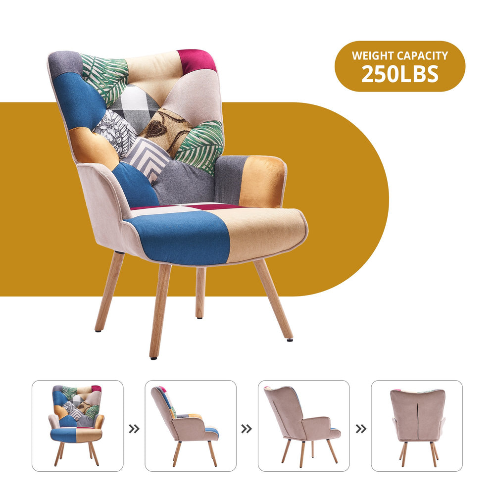 Multi-Colored Patchwork Wingback Accent Chair with Solid Wood Legs, Linen Fabric Napping Armchair for Living Room Image 2