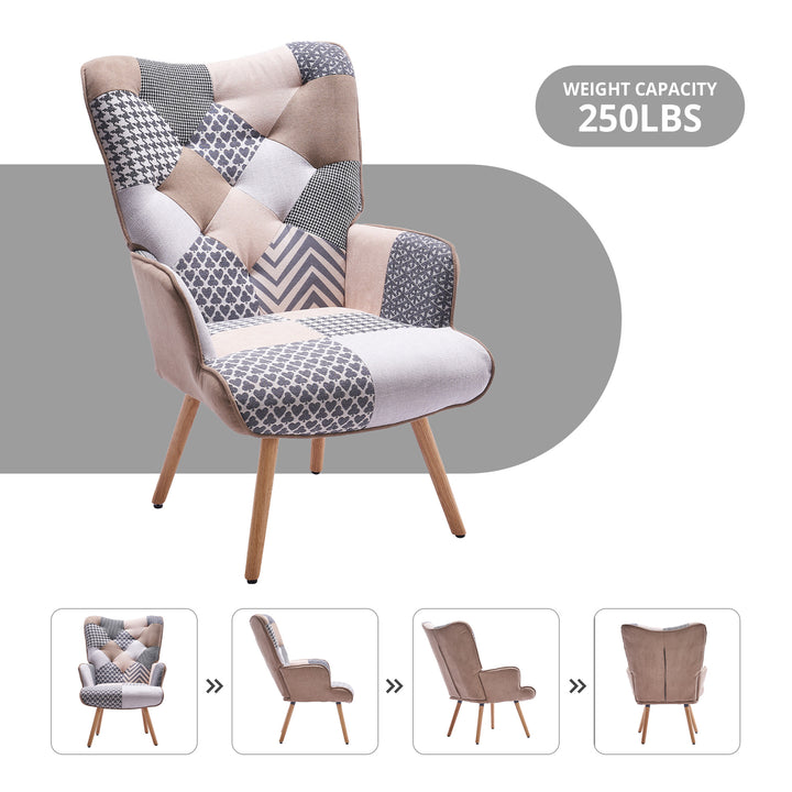 Multi-Colored Patchwork Wingback Accent Chair with Solid Wood Legs, Linen Fabric Napping Armchair for Living Room Image 6