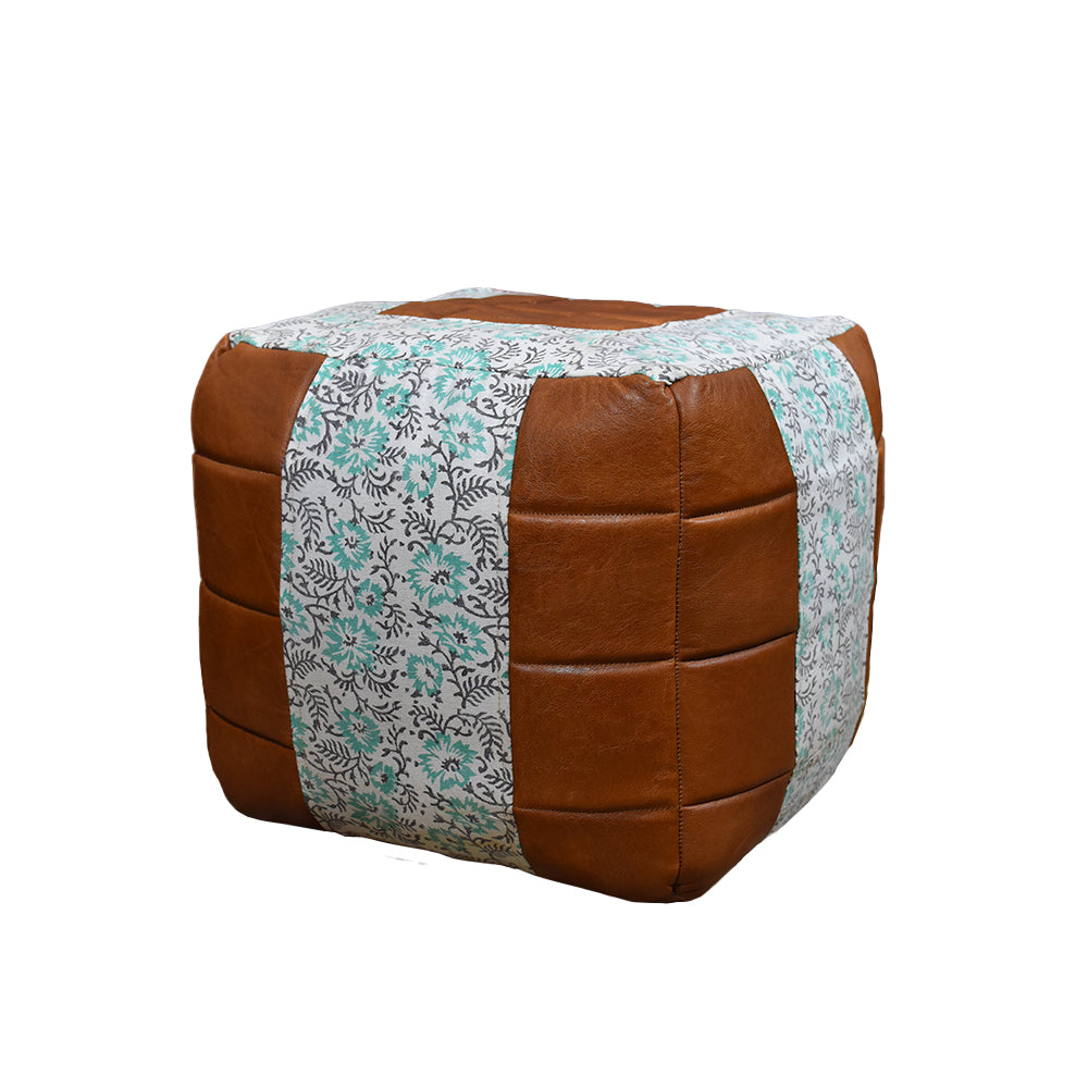 BBH Homes Handmade Green Brown Square Shaped Canvas Leather 18x18x18 Pouf Image 2