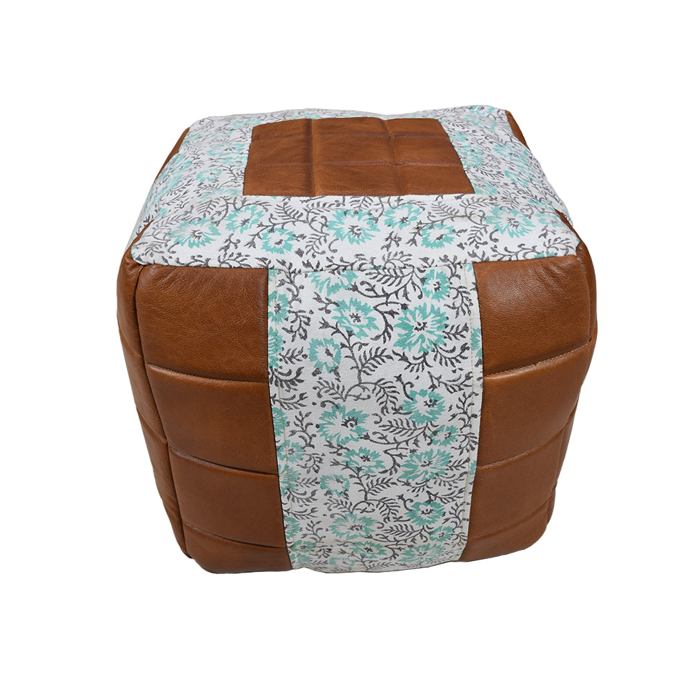 BBH Homes Handmade Green Brown Square Shaped Canvas Leather 18x18x18 Pouf Image 6