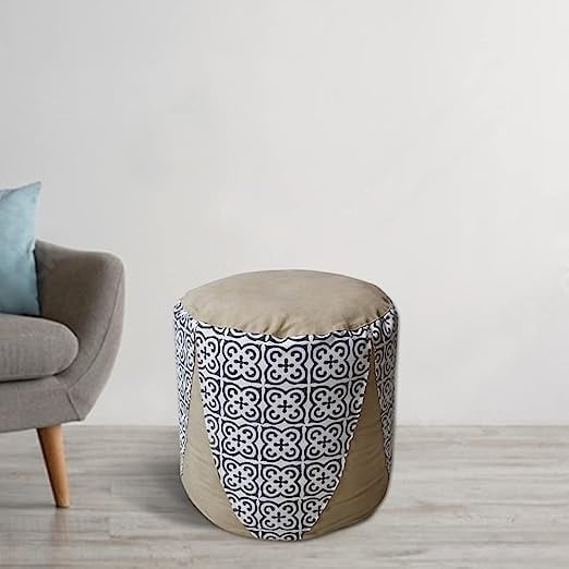 BBH Homes Handmade Beige Round Shaped Canvas Leather 18x18x18 Pouf BBBACPF0006 Image 1