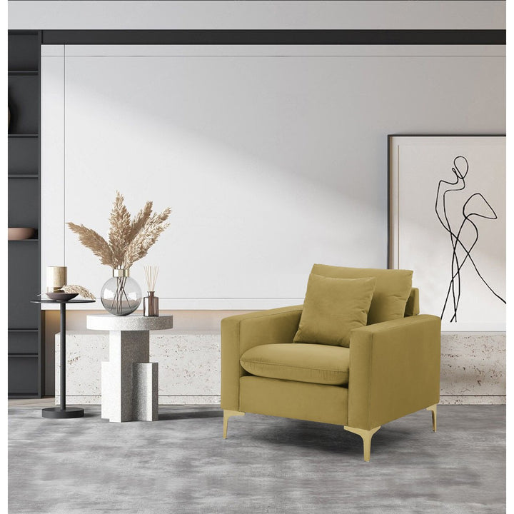 Iconic Home Roxi Club Chair Velvet Upholstered Loose Back Design Gold Tone Metal Y-Legs with Decorative Pillow Image 1