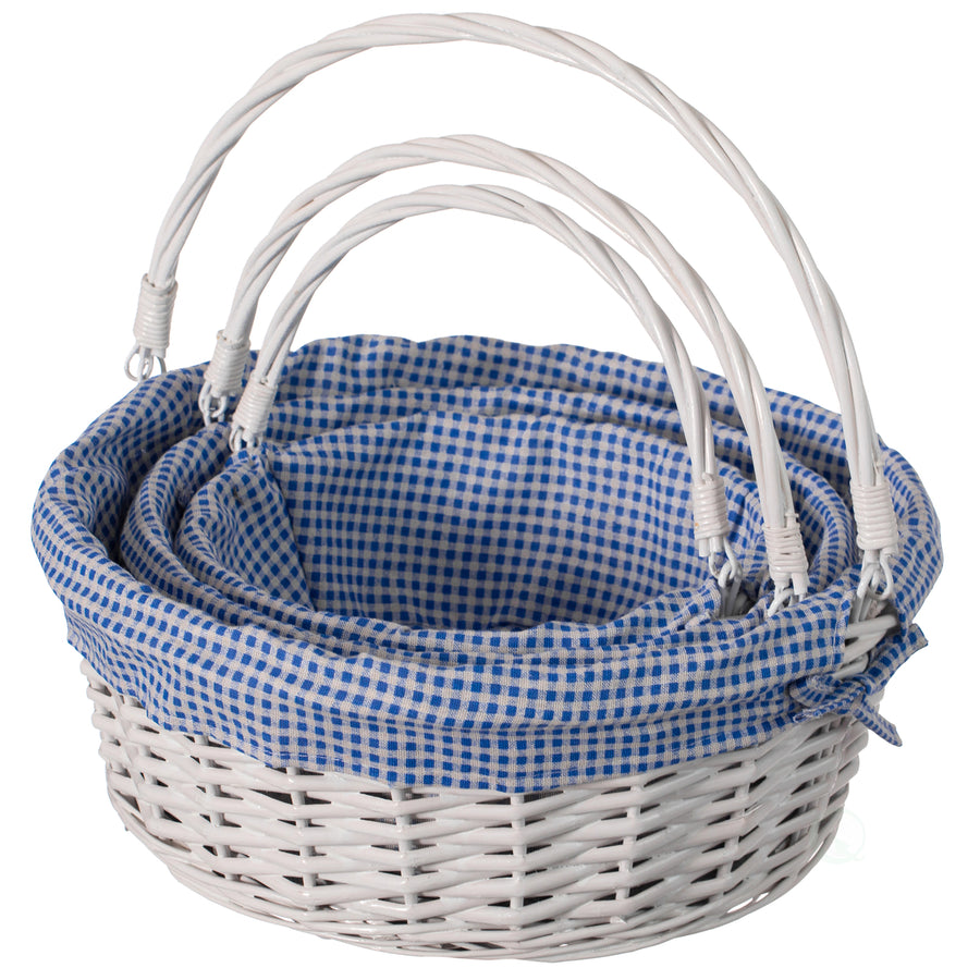 Traditional White Round Willow Gift Basket with Gingham Liner and Sturdy Foldable Handles, Food Snacks Storage Basket Image 1