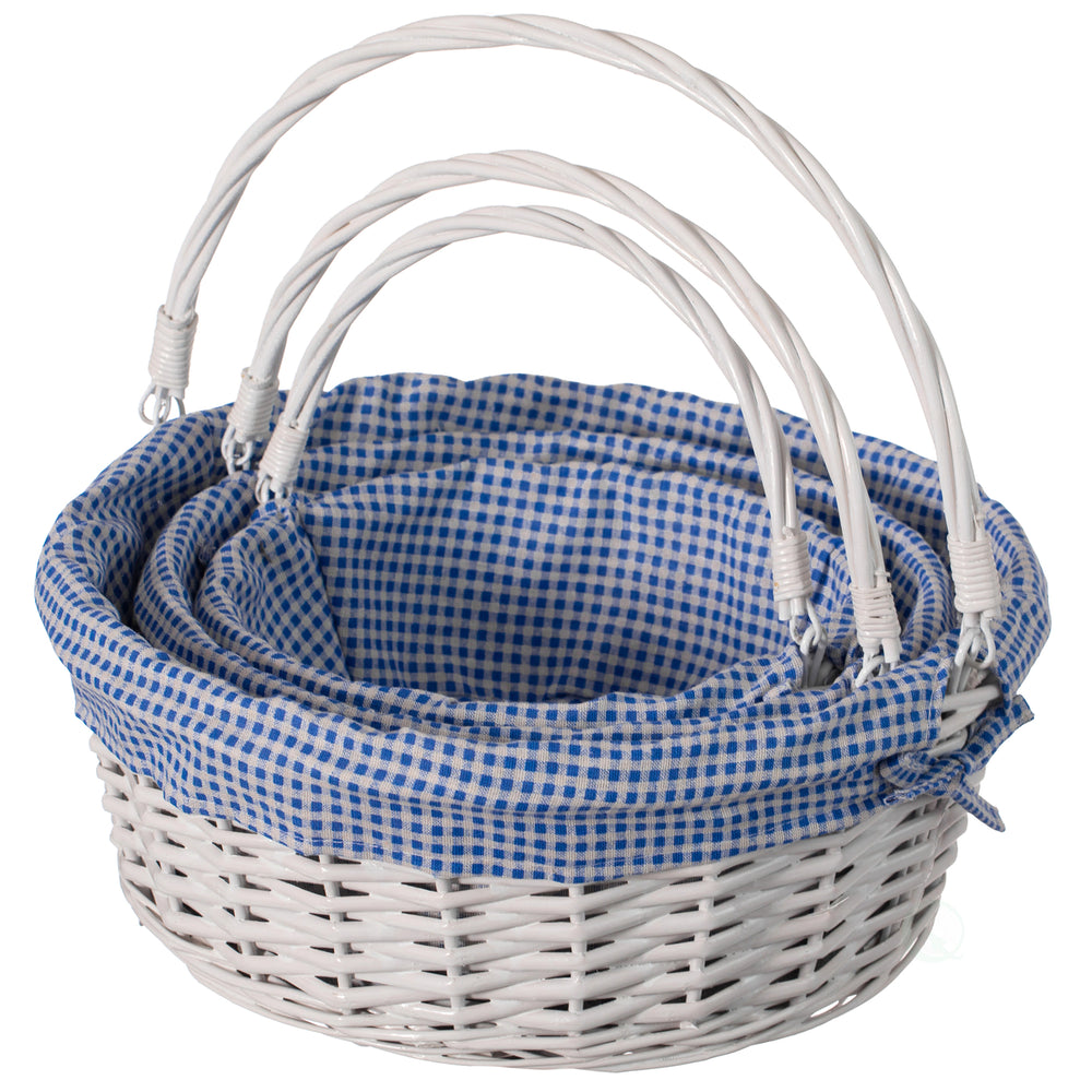 Traditional White Round Willow Gift Basket with Gingham Liner and Sturdy Foldable Handles, Food Snacks Storage Basket Image 2