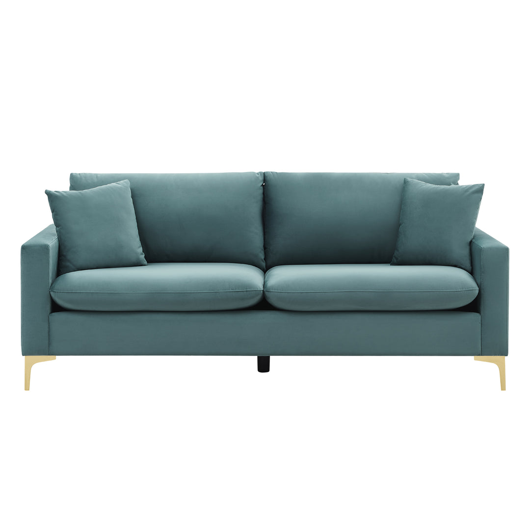 Iconic Home Roxi Sofa Velvet Upholstered Multi-Cushion Seat Gold Tone Metal Y-Legs with 2 Decorative Pillows Image 7