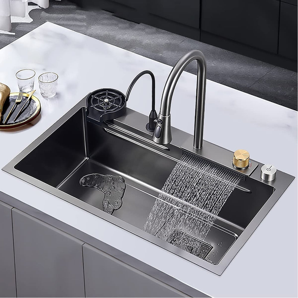 Flying Rain Stainless Steel Watefall Kitchen Sink  Single Bowl w Pull Down Faucet Set Nano Black 29.5 INCH Image 2
