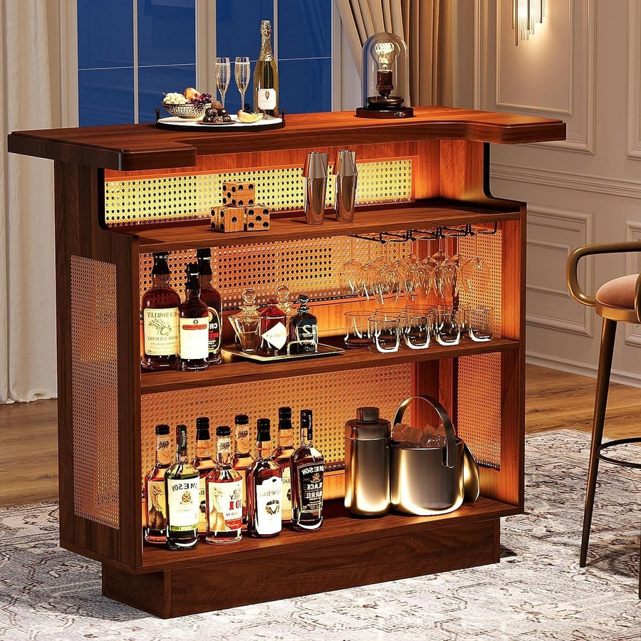 Tribesigns Rattan Home Bar Unit, Farmhouse 4-Tier Bar Table with 4 Stemware Racks and Heightened Base Image 1