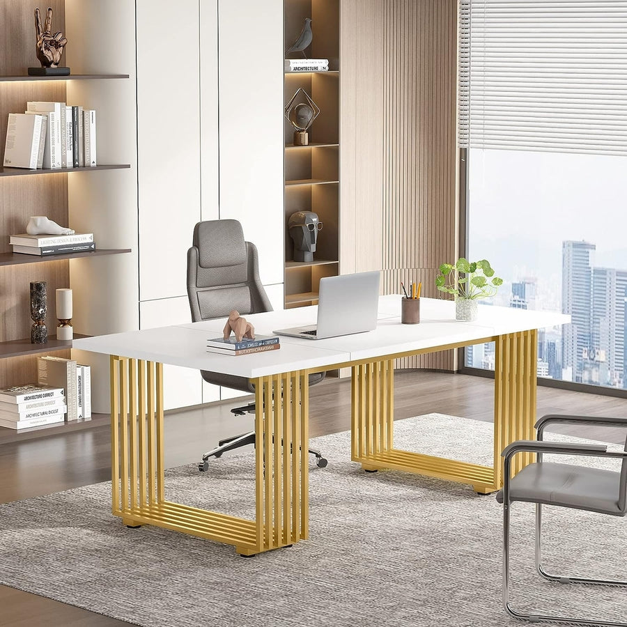 Tribesigns 70.86" Modern Office Desk, Wooden Computer Desk, White Executive Desk with Gold Metal Legs, Large Workstation Image 1