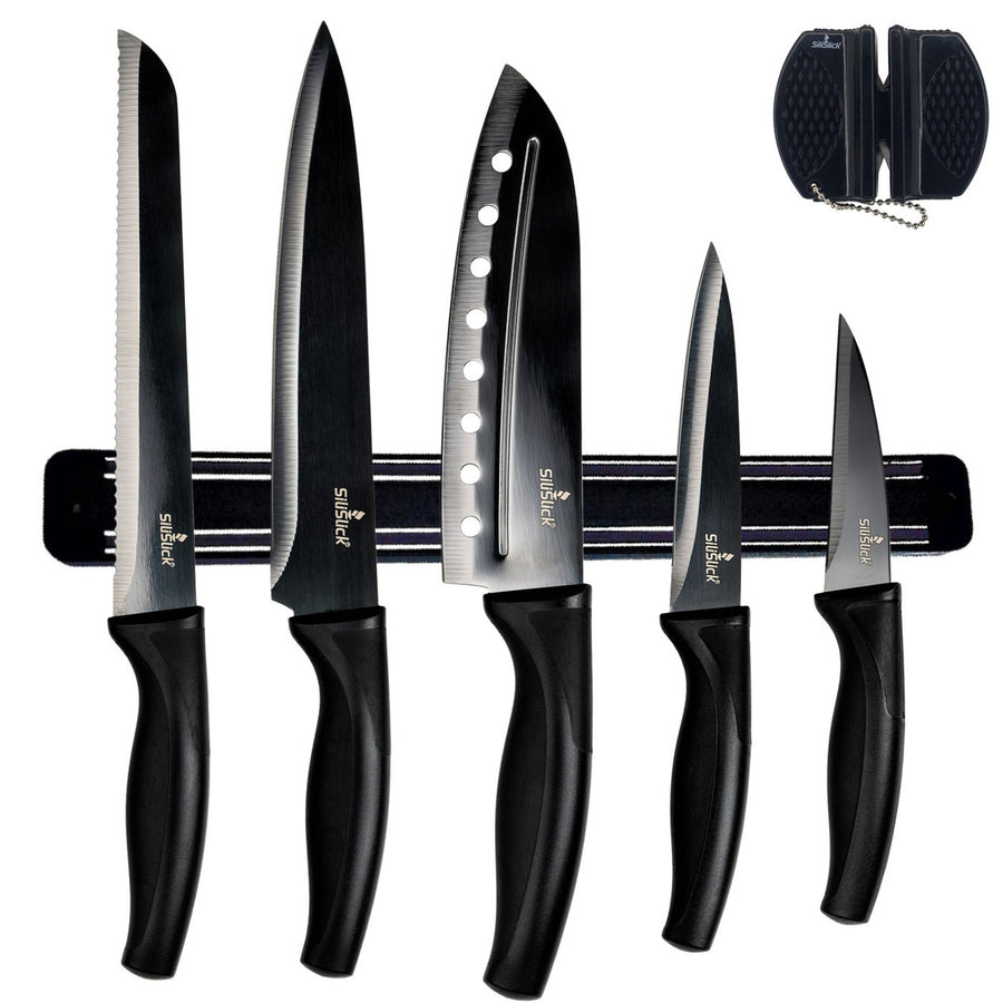 Kitchen Knife Set Kit  Black Handle, Black Blade and Black Magnetic Rack Image 1