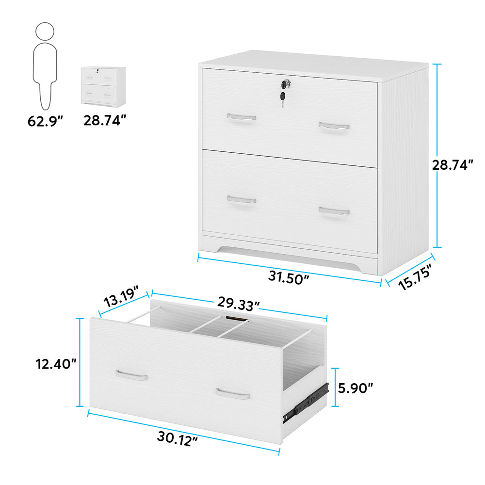 Tribesigns 31.5" Wood Storage Cabinet with Lock, 2-Drawer Lateral File Cabinet White Image 2
