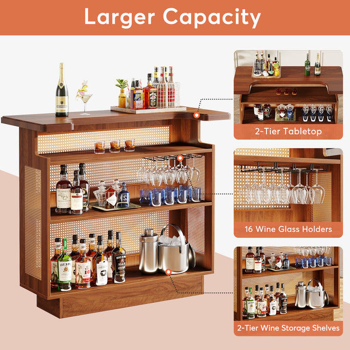 Tribesigns Rattan Home Bar Unit, Farmhouse 4-Tier Bar Table with 4 Stemware Racks and Heightened Base Image 3