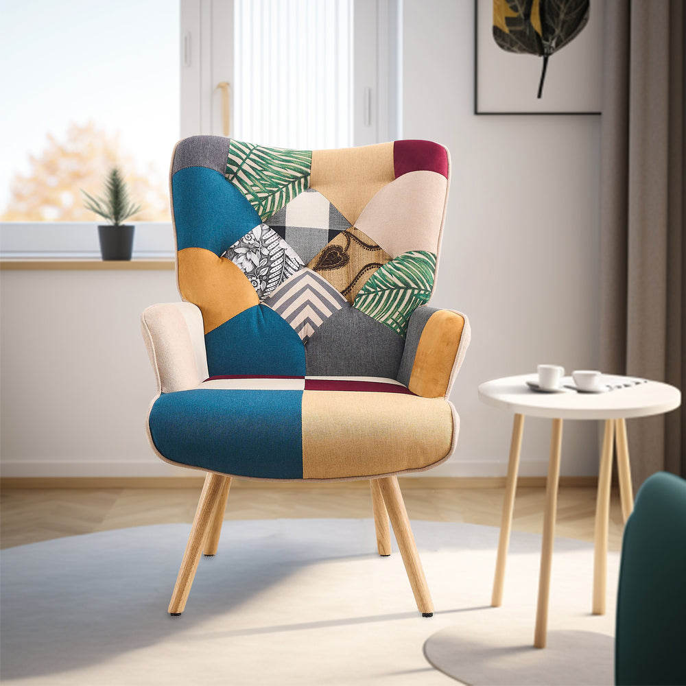 Patchwork Accent Chair Mid-Century Modern Arm Chair with Solid Wood Frame and Soft Cushion, Single sofa Image 2